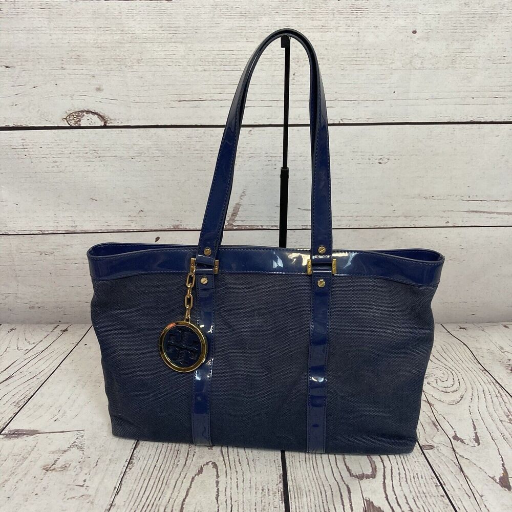 Tory Burch‎ Canvas Jane Tote Shoulder Bag Beach Navy Blue Double Straps Travel